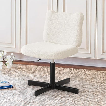 LUE BONA Adjustable Vanity Stool Chair with Girly Bear Ear Wide Back, 360° Swivel Vanity Stool for Makeup Room, Upholstered Teddy Velvet Ottoman for Girls, 350lbs, Beige
