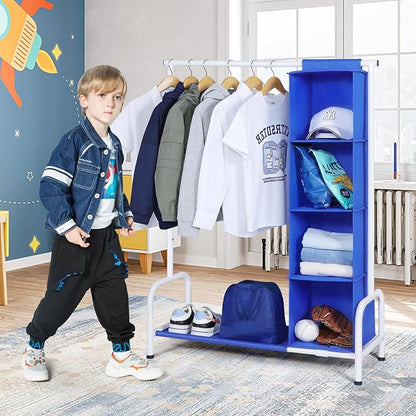 Univivi Kids Dress Up Rack with Hanging Organizer, Child Dress Up Storage for Hanging Clothes, Dance Costume Garment Rack for Baby Clothes, Dance Costumes, Blue/White