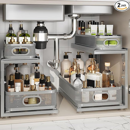 2 Pack 18.5IN-Depth Under Sink Organizer With Next-Gen Ball-Bearing Slides,2-Tier Precision Mesh Pull Out Cabinet Storage for Bathroom&Kitchen,Height Adjustable Drawers Shelf,Anti-rust-Grey