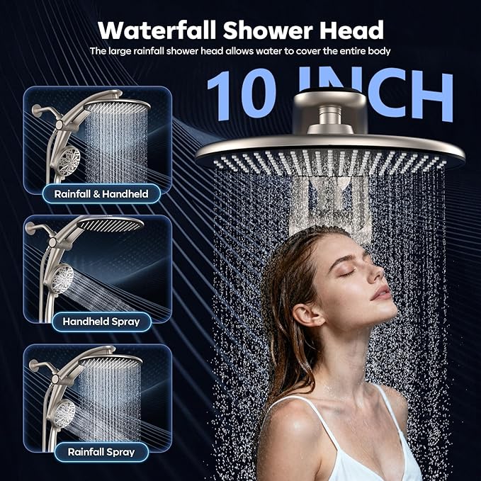 Shower Head with filtered Handheld High Pressure daul Shower Heads with Handheld Spray Combo and 10 Sprays Handheld Shower Head Detachable Shower head Built-in Magnetic Docking and Power Jets Nickel