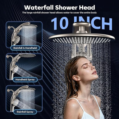 Shower Head with filtered Handheld High Pressure daul Shower Heads with Handheld Spray Combo and 10 Sprays Handheld Shower Head Detachable Shower head Built-in Magnetic Docking and Power Jets Nickel