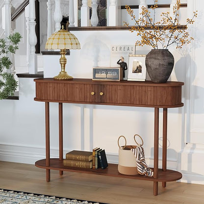 ARTPOWER Modern Entryway Table with Wood Tambour Door, Accent Behind Couch Sofa Console with Storage, Fluted Side Table for Hallway, Living Room, Foyer, Brown