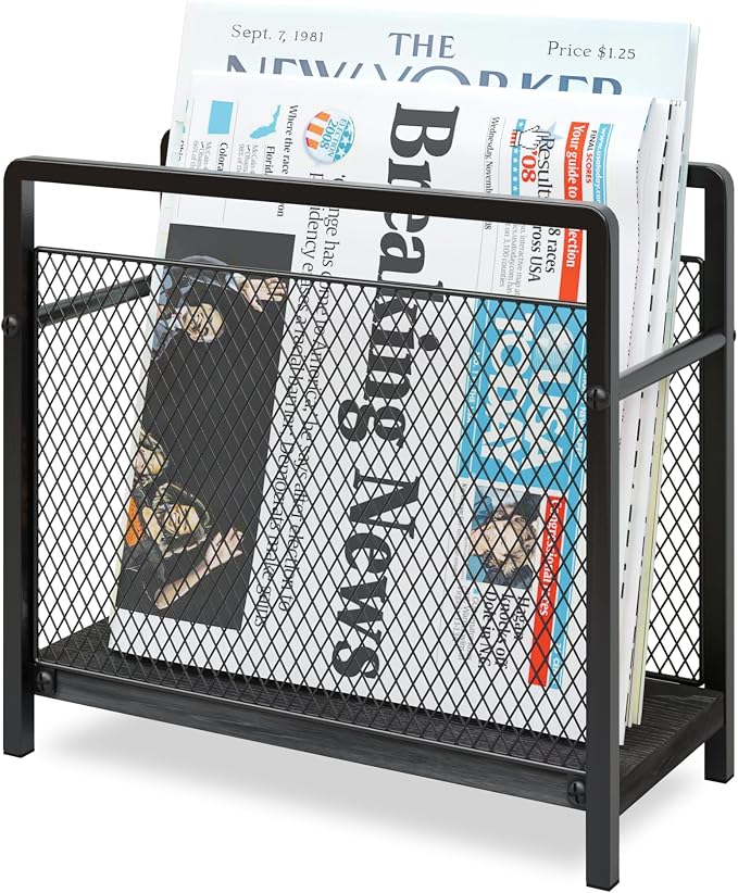 Magazine Holder, Magazine Rack Floor, Metal Mesh with Wood Base Magazine Storage Basket, Folder Organizer Bin for Books, Newspapers, Mails, Files, Black