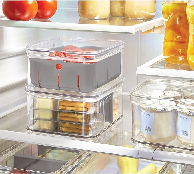 iDesign Small Fridge Organizer Bin with Removable Divider and Lid - Set of 6 - Clear/Gray