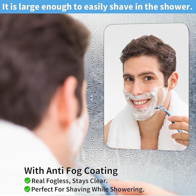 Fogless Shower Mirror, Large(10.2x7.8in) & Includes 2 Adhesive Hooks, Easy Install & Unbreakable & Super Thick, Fog Free (No Fog) Shower Mirror for Shaving