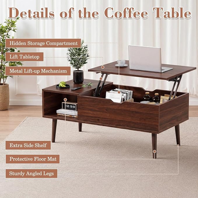 Sweetcrispy Coffee Table Lift Top Coffee Tables for Living Room,Small Rising Wooden Center Tables with Storage Shelf and Hidden Compartment, Dark Brown
