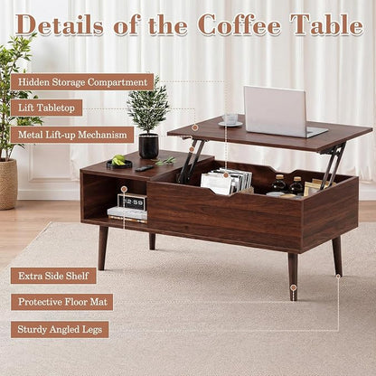 Sweetcrispy Coffee Table Lift Top Coffee Tables for Living Room,Small Rising Wooden Center Tables with Storage Shelf and Hidden Compartment, Dark Brown