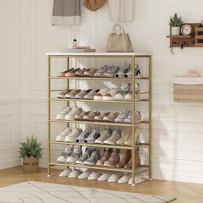 SUOERNUO Shoe Rack Organizer 6 Tier for Closet Entryway Free Standing Metal Storage Shoe Shelf with MDF Top Board，Gold