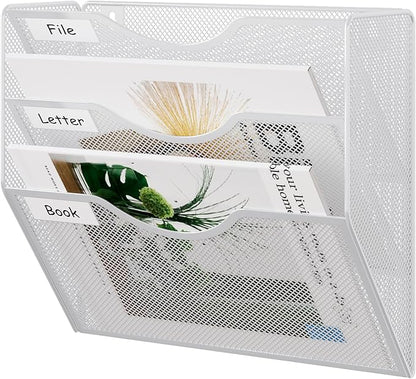 EasyPAG 3 Pocket Mesh Wall File Organizer, Hanging Paper Folder Holder with Classify Label, Vertical Wall Mount Mail Organizer for Office Home Classroom, White