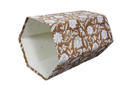 3.3 Gallon Cotton Hand Block Printed Paper Waste Basket |Small Decorative Trash Can for Housewarming Gifts in Living Room, Bedroom, Bathroom | Eco-Friendly, Plastic-Free (1, Brown White FLOWAR)