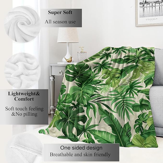 Tropical Green Leaves Blanket Lush Botanical Leaf Throw Blankets with Plant,Birthday Gifts for Girls Women & Nature Lovers,Lightweight Soft Fleece,for Sofa Couch Bed Room Decor 40x50in