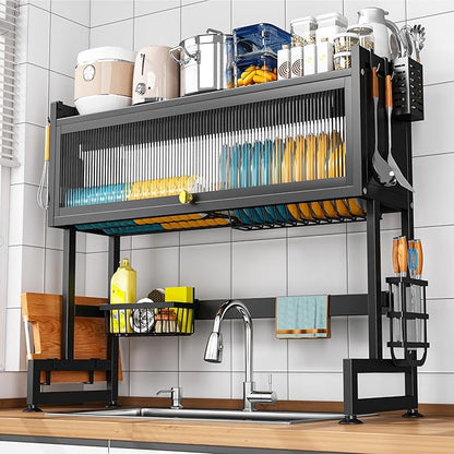 SNSLXH 𝐋𝐚𝐫𝐠𝐞 2-Tier Over The Sink Dish Drying Rack, 33.66"×31.1"×11.81", Large Sink Rack for Kitchen, Saving Kitchen Space, Cover Design Holds Dishes, Bowls, and Cutlery, Kitchen Sink Shelf