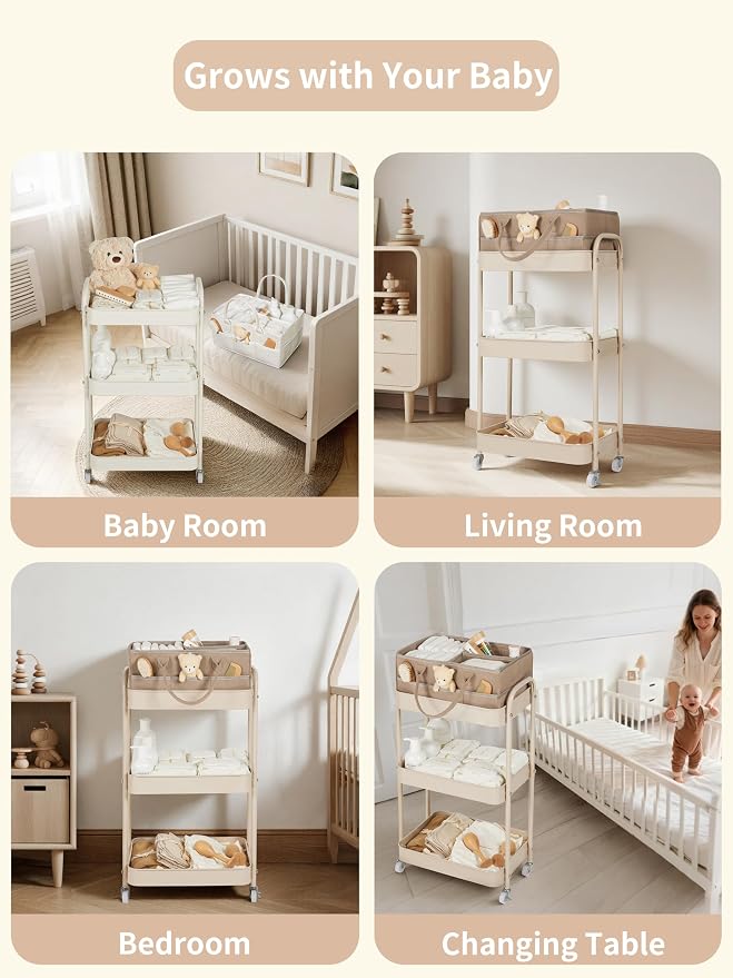 Fortella Baby Diaper Caddy, 3 Tier Rolling Storage Cart for Baby Essentials, Diaper Cart with Detachable Dividers, Storage & Baby Bottle Organizer, Nursery Dresser for Bedroom, Living Room (Taupe)
