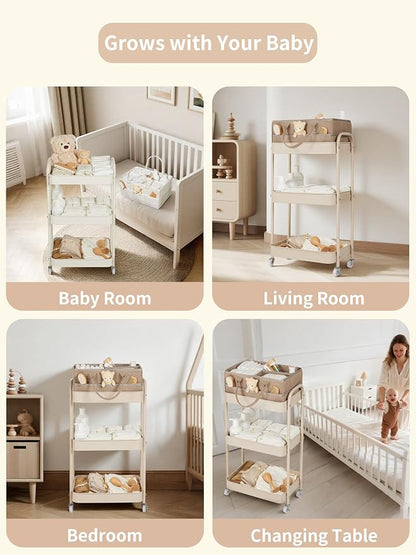 Fortella Baby Diaper Caddy, 3 Tier Rolling Storage Cart for Baby Essentials, Diaper Cart with Detachable Dividers, Storage & Baby Bottle Organizer, Nursery Dresser for Bedroom, Living Room (Taupe)