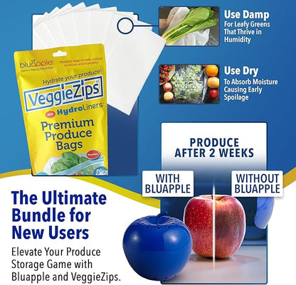 Bluapple Produce Saver Ethylene Gas Absorber - Fresh Fruit & Vegetable Storage, VeggieZips Humidity Control Storage Bags, Food Savers for Refrigerator, Kitchen Must Haves, BPA Free - Starter Pack