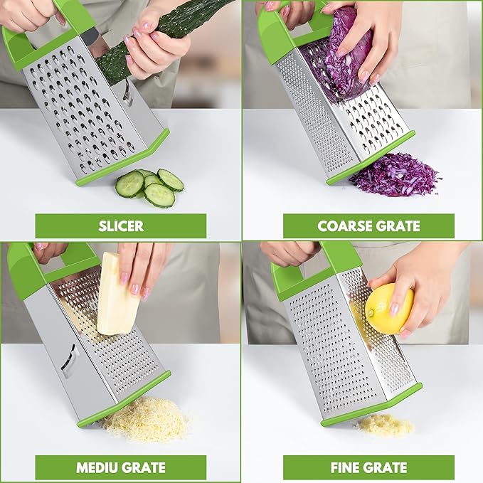 Urbanstrive Cheese Grater With Container, Professional Cheese Grater with Handle, Stainless Steel Graters for Kitchen Handheld, Box Grater with 4 Sides for Vegetables, Ginger, Potatoes (Green)