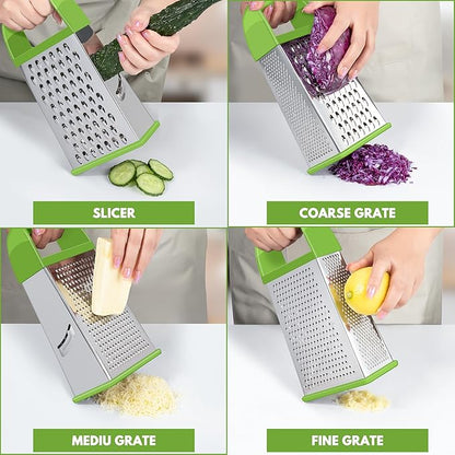 Urbanstrive Cheese Grater With Container, Professional Cheese Grater with Handle, Stainless Steel Graters for Kitchen Handheld, Box Grater with 4 Sides for Vegetables, Ginger, Potatoes (Green)