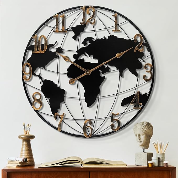 Mee 2ou Large Wall Clock - 24 Inch World Map Minimalist Modern Round Metal Wall Clock Silent Non-Ticking Battery Operated Wall Clocks for Living Room Kitchen Office Farmhouse Home Decor