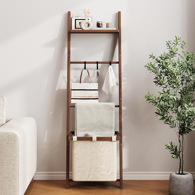 63" Bamboo Blanket Ladder with Shelf, Fabric Storage Basket and 5 Hooks, 4 Tier Leaning Blanket Rack, Farmhouse Towel Ladder Rack, Decorative Quilt Rack Holder for Living Room Bedroom Bathroom, Walnut