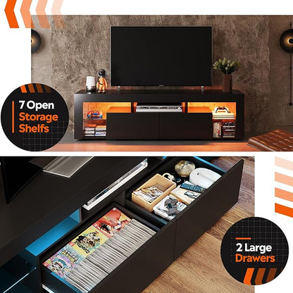 WLIVE 63 inch TV Stand for 50 55 60 65 70 Inch TVs, Modern Entertainment Center with LED Lights & 2 Large Storage Drawers, TV Console Gaming Media Television Stands for Living Room, Bedroom(Black)