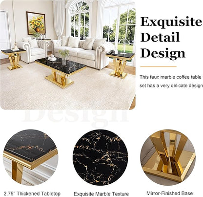 Living Room Coffee Table Set of 3, Modern Marble Coffee, End Side and Console Table, 3-Piece Living Room Table Set with Stainless Steel Base for Living Room (Gold,Black)