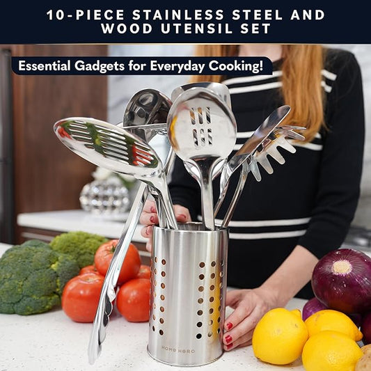 Home Hero Stainless Steel Kitchen Utensils Set - Wood Handle Nonstick Stainless Steel Cooking Utensils Set - Heat Resistant Kitchen Essentials & Metal Kitchen Gadgets (Silver & Wood)