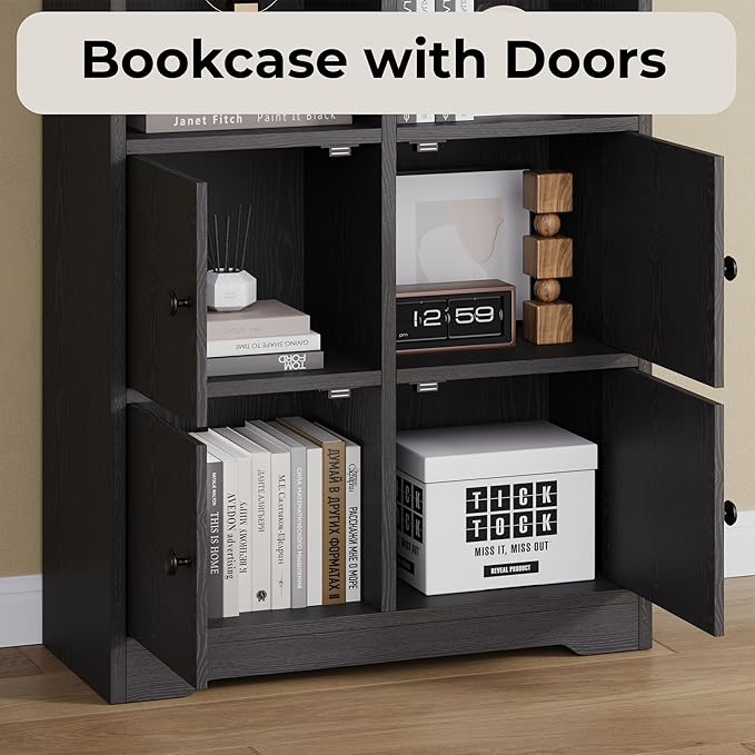 IRONCK Bookshelves and Bookcases with 4 Doors, 6-Tier Bookshelf with Storage Shelves 74.6 in Tall Bookcase for Home Office, Living Room, Bedroom, Black