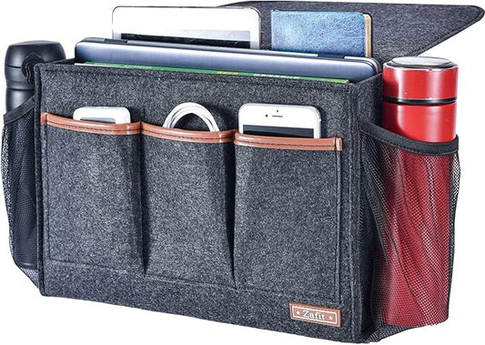 Zafit Bedside Caddy, Large Size Storage Organizer with 8 Pockets - Holds Magazines, Remotes, Phone (13.4'' x 18.1'', Dark Grey)