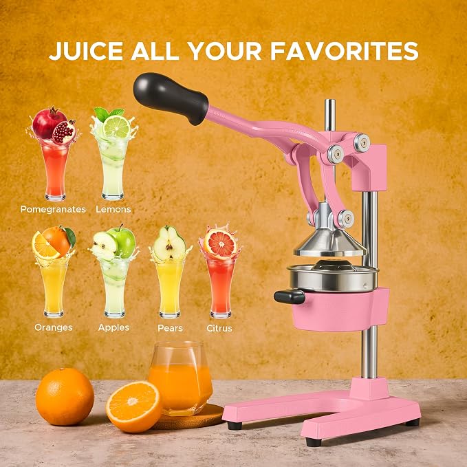 CO-Z Manual Citrus Juicer, Heavy-Duty Manual Juicer with Conical & Flat Pressure Plates, Professional Lemon Squeezer for Orange Pom Lime Lemon Juice, Dishwasher Safe Juice Press, Pink