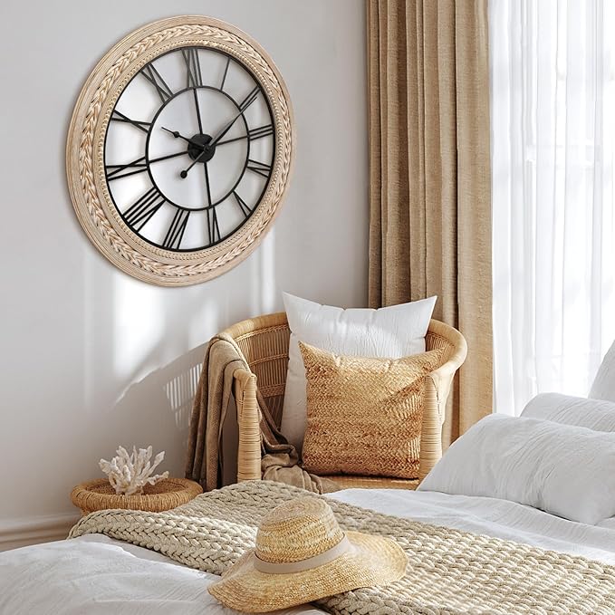 RiteSune Wall Clock 30 Inch Decor, Farmhouse Wall Clocks Battery Operated Silent, Bamboo Large Clocks for Wall, Oversized Wall Clock for Living Room Bedroom, Office