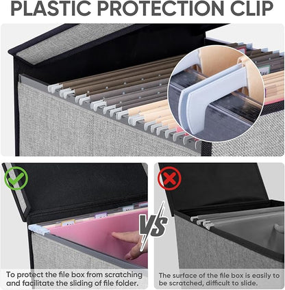 BALEINE File Organizer Box with Lid, Collapsible File Folder Organizer with Plastic Slide, Hanging File Folder Box for Office Document Storage (Tab Friendly, 2 Pack, Grey)