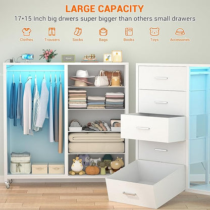 Cyclysio Dresser for Bedroom with Clothes Rack & Mirror, 5 Fabric Drawers Dresser with Charging Station & LED Lights, Rolling Chest of Drawers with Wheels, Full Length Mirror, Wooden Top, Closet