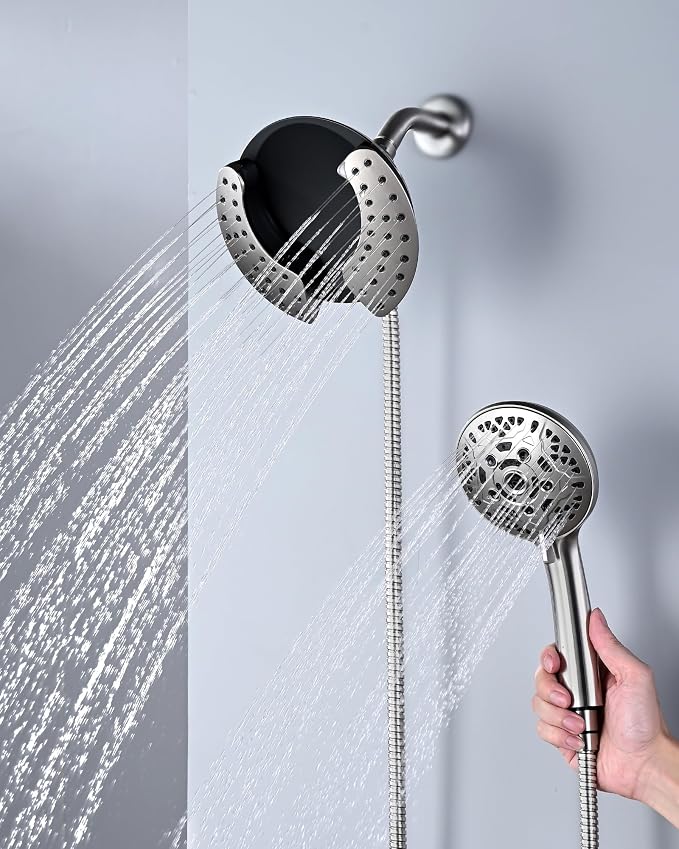 INAVAMZ Shower Head with Handheld High Pressure: Hand Held Shower Head & Rain Shower Head 2-IN-1 Shower Head with 59" Rotatable Stainless Steel Hose, Shower Trim Systems, Nickel 2.5 GPM 15391