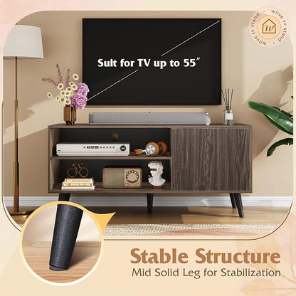 WLIVE TV Stand for 55 Inch TVs, Entertainment Center with Storage Cabinet, Mid-Century Modern TV Stands for Living Room, Media TV Console, Dark Walnut