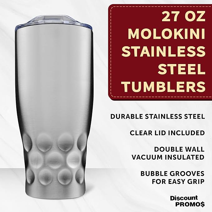 DISCOUNT PROMOS Stainless Steel Tumblers by Molokini 27 oz. Set of 10, Bulk Pack - Double Wall, Perfect for Coffee, Soda, Other Hot & Cold Beverages - Silver