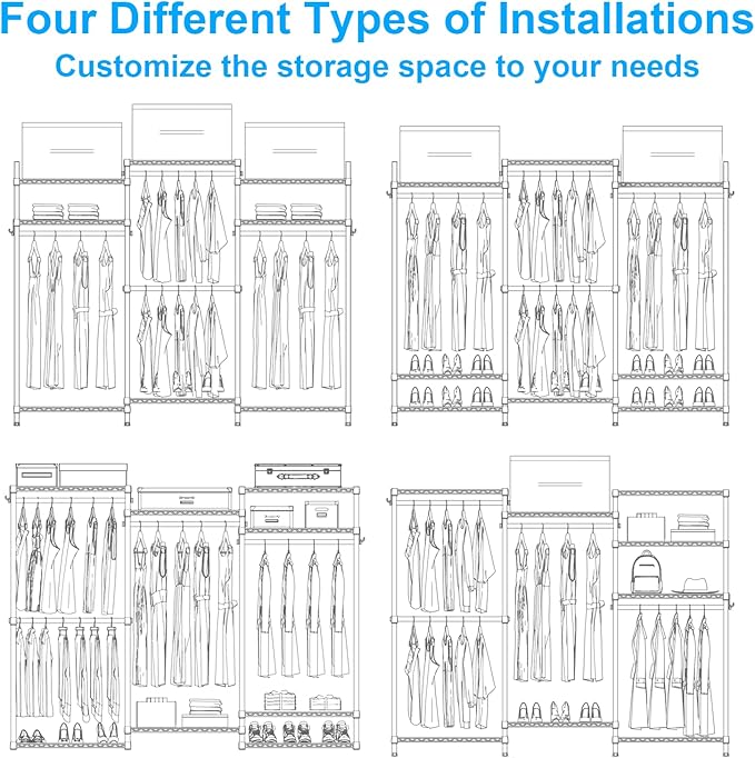 Ulif E13C Heavy Duty Closet Organizer System，Freestanding Clothing Racks for Hanging Clothes，Adjustable Garment Rack 63" W x 16" D x 77" H Hold 960 lbs，Black Clothing Rack with Grey Dustproof Cover