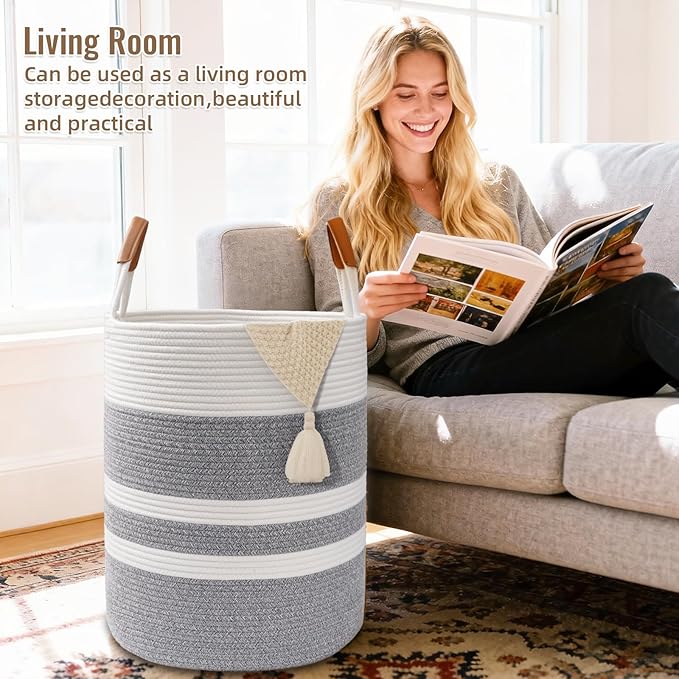 Degeyoyo 60L Striped Laundry Basket, Grey Laundry Hamper with Leather Handles, Woven Cotton Rope Storage Bin for Blankets, Nursery Hamper for Clothes, Toys In Bathroom, Livingroom, Bedroom