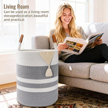 Degeyoyo 60L Striped Laundry Basket, Grey Laundry Hamper with Leather Handles, Woven Cotton Rope Storage Bin for Blankets, Nursery Hamper for Clothes, Toys In Bathroom, Livingroom, Bedroom