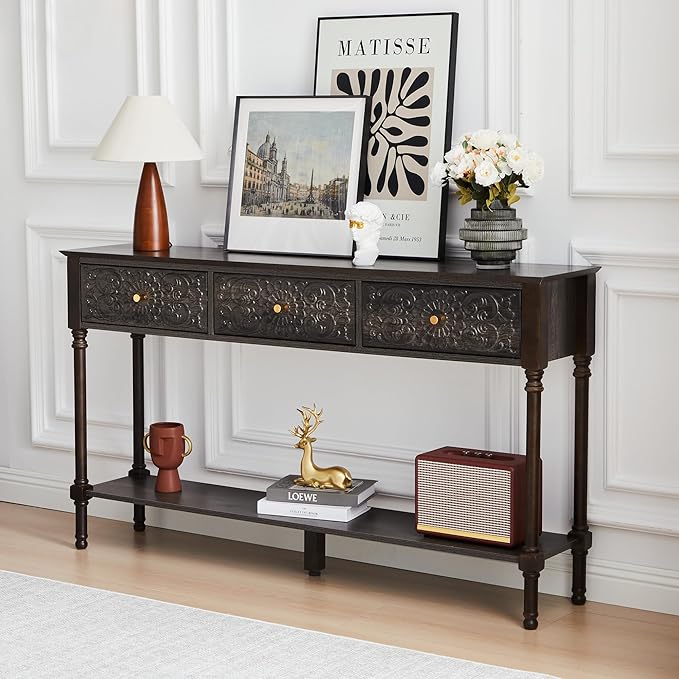55.5" Carved Console Table with 3 Drawers, 2-Tier Sofa Table with Glossy Floral Surface and Solid Wood Legs, Mid-Century Modern Entryway Table for Living Room Hallway (Antique Black-Brown)