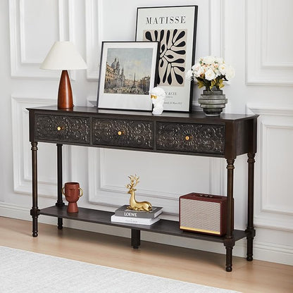 55.5" Carved Console Table with 3 Drawers, 2-Tier Sofa Table with Glossy Floral Surface and Solid Wood Legs, Mid-Century Modern Entryway Table for Living Room Hallway (Antique Black-Brown)