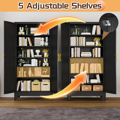 75" Metal Kitchen Pantry Cabinet,Black Storage Cabinet with Doors and 5 Adjustable Shelves, Cabinet with 2 Metal Handles,Tall Cabinet for Livingroom,Pantry, Bathroom,Kitchen