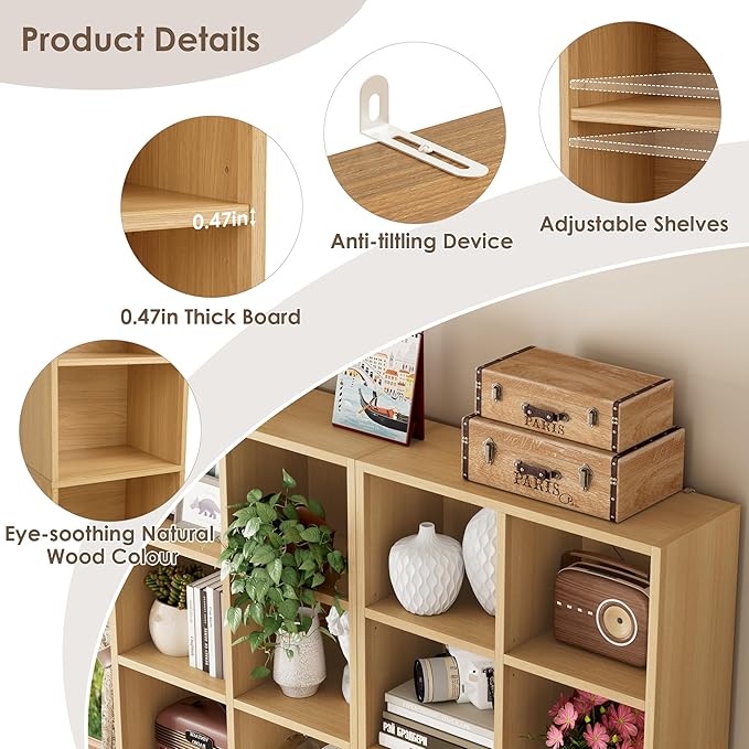 FOTOSOK 71'' Tall Bookshelf with 14 Cubes, 7 Tier Double Wide Wood Bookshelf with 6 Adjustable Shelves, 19.6" Narrow Bookcase DVD/CD Media Storage, Space Saving Display Shelf Cabinet, Natural