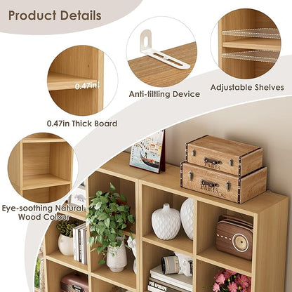 FOTOSOK 71'' Tall Bookshelf with 14 Cubes, 7 Tier Double Wide Wood Bookshelf with 6 Adjustable Shelves, 19.6" Narrow Bookcase DVD/CD Media Storage, Space Saving Display Shelf Cabinet, Natural