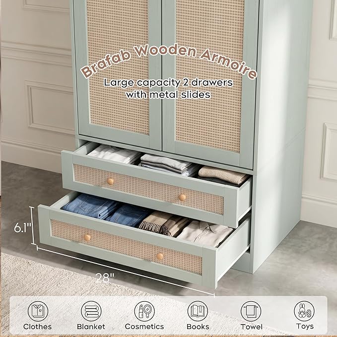 Brafab Armoire Wardrobe Closet with 2 Rattan Doors Set of 2, 71" Vintage Tall Freestanding Coat Closets with Drawers and Hanging Rail, Wooden Armoires Storage Cabinet with Shelf for Bedroom
