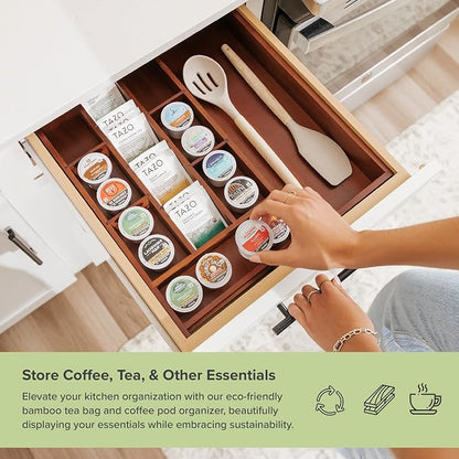 KitchenEdge Acacia Tea Bag and Coffee Pod Kitchen Drawer Organizer, Expandable 9.7 to 17 Inches, 10 Storage Compartments, Adjustable Wall Inserts, Non-Slip Feet, Food-Safe