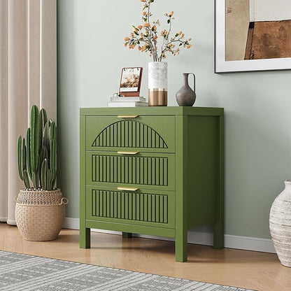 3 Drawer Dresser, Farmhouse Fluted Chest of Drawers, Wooden End Table, Mid- Century Modern Bedroom Nightstand Side Table for Bedrooms, Closets, Hallways, and Entryways, Green