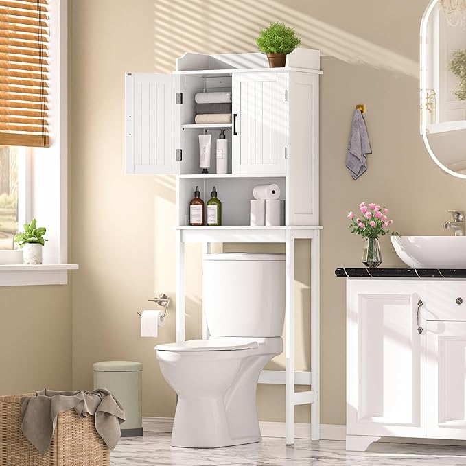 VEIKOU Over The Toilet Storage Cabinet, Bathroom Cabinet, Freestanding Over The Toilet Storage/Adjustable Shelf Rack, White