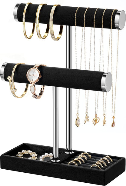 bussdis 2 Tier Bracelet Holder Display - Detachable T Bar Black and Silver Velvet Bracelet Holder, Jewelry Holder Organizer for Bracelet, Necklace, Earrings, Rings