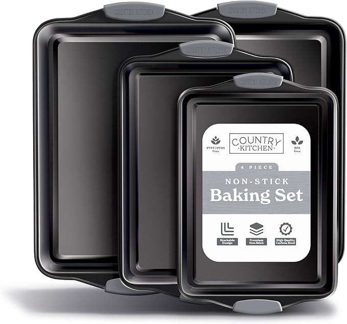 Country Kitchen Nonstick Stackable Bakeware Set - Heavy Duty, Durable, Easy Release Baking Set, Grey, 4 Pcs