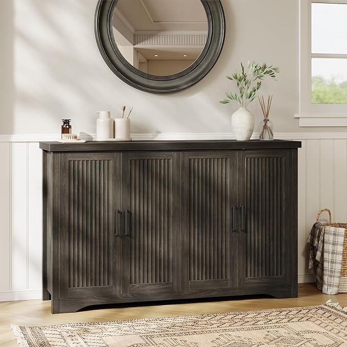 Fluted Buffet Cabinet with Storage Accent Sideboard,Modern Credenza with 4 Doors & Adjustable Shelves,Wood Coffee Bar Table Console for Dining Room Kitchen Living Room Entryway,Gray